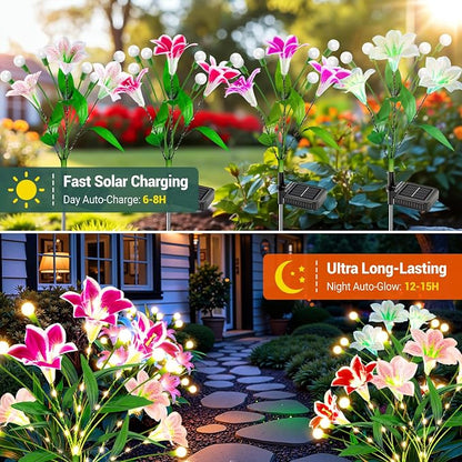 WdtPro Upgraded Solar Garden Lights Outdoor: 4 Pack 2-in-1 Solar Firefly Swaying Light with Lily Flower and Glowing Stem, Waterproof Garden Decor for Yard Patio Pathway Lawn, Gardening Gifts for Women