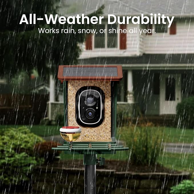 Smart Bird Feeder with Camera Solar Powered 2K HD Video, 10,000+ Species AI Recognition, Real-Time App Alerts, and Weatherproof Design for Effortless Birdwatching, Gift for Bird Lovers, Green Brown
