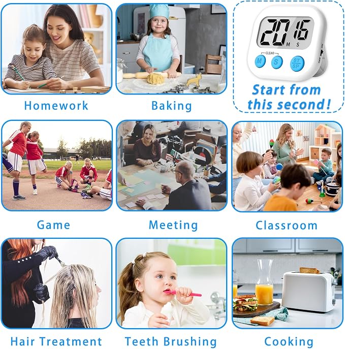 Lasubst Digital Kitchen Timers for Cooking, Magnetic Classroom Timers for Teachers Kids, Back to School Supplies Bulk (6 Pack, Black White)
