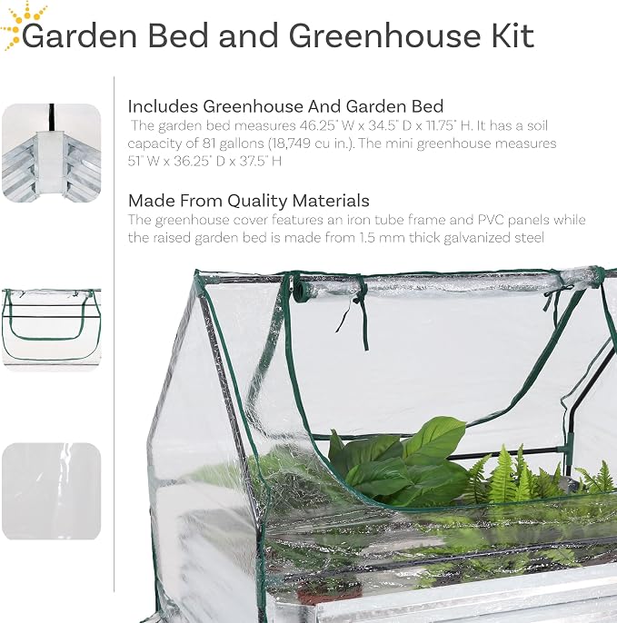 Sunnydaze Steel Raised Garden Bed with Mini Greenhouse - Outdoor Greenhouse Kit - 2 Zippered Doors - Clear - 4' x 3'