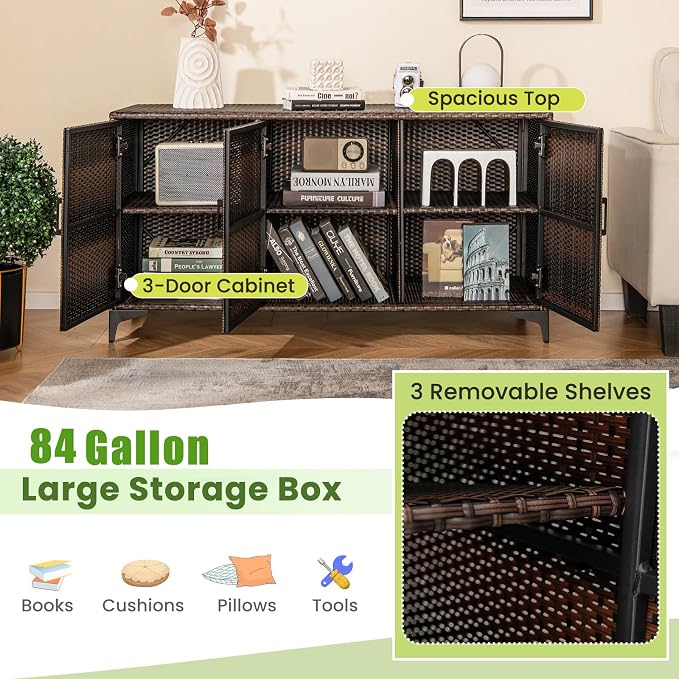 Giantex 84-Gallon Wicker Deck Box - Patio Storage Cabinet, 3-Door PE Rattan Storage Container with Removable Shelves, Indoor & Outdoor Package Box for Porch, Patio Furniture Cushions Tools (Brown)