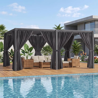 Louvered Pergola 12' x 16' with Waterproof Curtains, Outdoor Aluminum Pergola with Reinforced Steel Roof, Heavy-Duty Hardtop Gazebo, Privacy Shaded Shelter, Gray