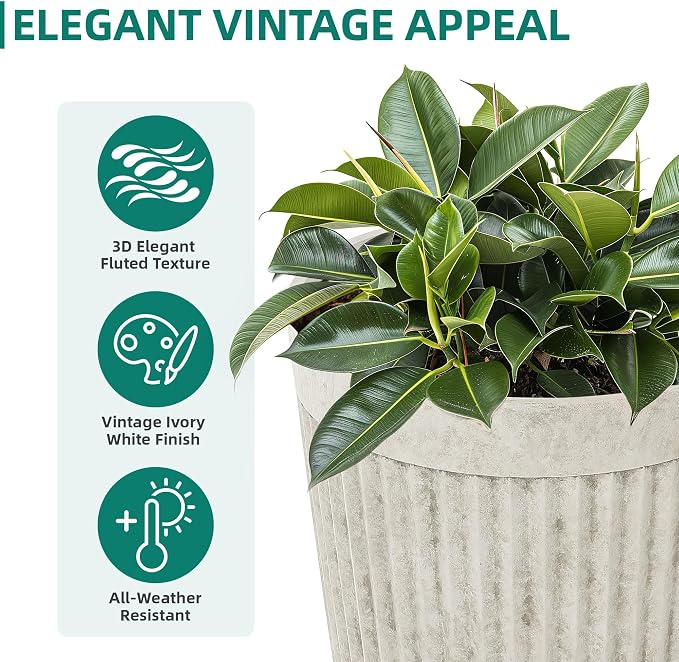 2-Pack 20" Vintage Ivory Resin Tall Planters with Fluted Texture | Set of 2 resin tall planters with fluted texture, drainage plugs, and UV-resistant finish for porch, patio, or garden.
