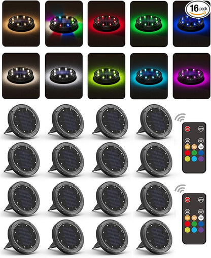 Color Changing Solar Ground Lights with Remote, IP67 Waterproof, 16Pack | 9-Color & 2 Dynamic RGB, 33ft Long Distance Remote Control, Dusk-to-dawn Light Up, Outdoor Flat Disk Light for Yard Lawn Path