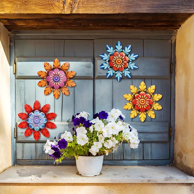 BINBE 4Pcs Metal Flower Wall Decor Outdoor Garden Hanging Sculpture 4 Styles Colorful Metal Flower Decor for Patio Garden Fence Yard Patio Balcony Living Room