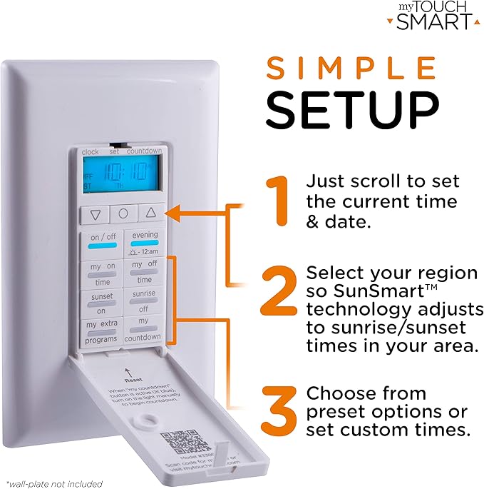 myTouchSmart 33861 LE One in-Wall Digital Timer, Push Door Switch, Backlit LED Screen, 8 Custom On/Off Times, Countdown Mode, Daily/Weekly Set, Off & Countdown (Pack of 3)