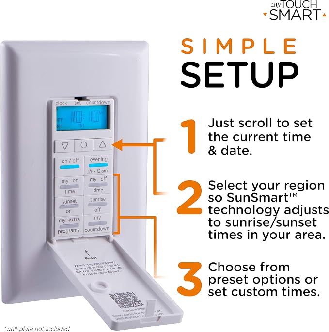 myTouchSmart 33861 LE One in-Wall Digital Timer, Push Door Switch, Backlit LED Screen, 8 Custom On/Off Times, Countdown Mode, Daily/Weekly Set, Off & Countdown