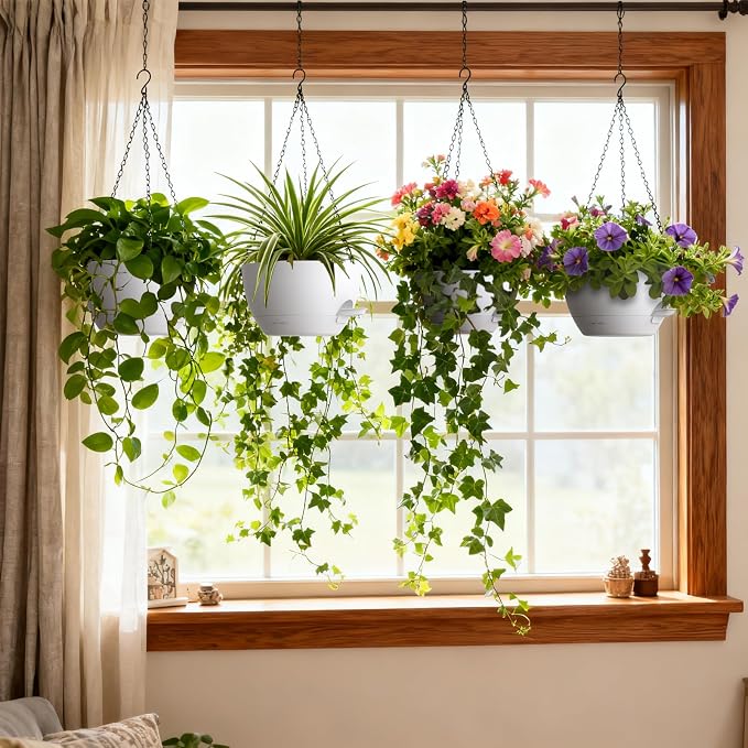 UOUZ 4 Pack 8 Inch Self Watering Hanging Planters for Indoor Outdoor Plants，Hanging Pots for Plants with Drainage Removable Tray, Hanging Baskets Flower Pots for Ivy Pothos Spider Garden Porch White