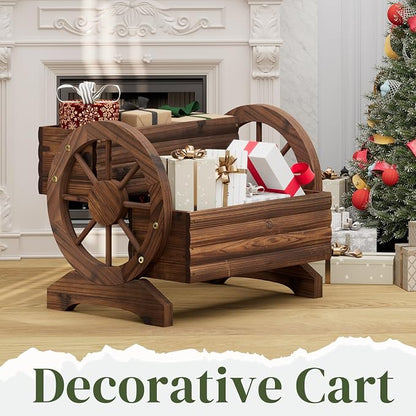 Wooden Wagon Planter Flower Cart with Wheels Garden Box Garden Planter, Decorative Planter for Flowers Herbs Vegetables for Indoor & Outdoor Décor Flower Cart for Patio Garden Balcony (Carbonized)
