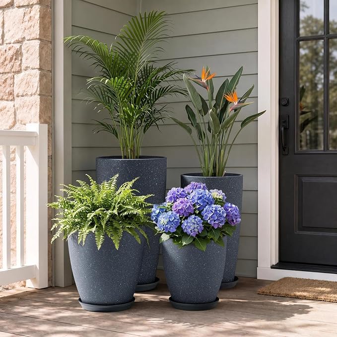 ZMTECH 4 Pack Plastic Planters 21/18/12/10in, Indoor Outdoor Round Planter for Porch, Large Plant Pot with Drainage Hole for Home Garden Front Door, Modern Decorative Pots for Plants (Dark Gray)