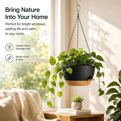 12 Inch Self Watering Hanging Planters 2 Pack, Black Brown | Plastic planters with drainage holes and saucers. Suitable for indoor, outdoor, kitchen, balcony and garden plant decor.