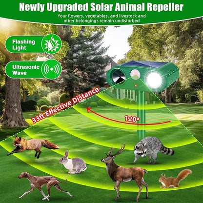 4 Pack Solar Ultrasonic Animal Repeller Outdoor,Deer Repellent Outdoor & Cat Deterrent Outdoor, Effective Against Birds, Cats, Squirrels, Deer,Coyote, Raccoons,Rabbit Wild Animal Deterrent for Garden