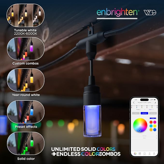 Enbrighten Vibe Modern Outdoor String Lights, 24ft, 12 RGBWIC Acrylic Bulbs, Weatherproof, Perfect for Gameday, Holidays, and More, Smart App Control, Compatible with Alexa, Google Home, 84014