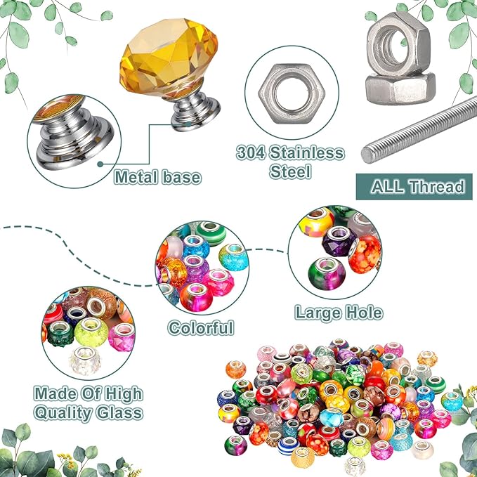 Tigeen 236 Pcs Garden Stake DIY Fairy Wand Plant Stake with 12 Colorful Crystal Stopper Top 12 Threaded Rod with 200 Large Hole Bead for Spring Summer Holiday Outdoor Decorations(Colorful Ribbons)