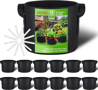 12-Pack 10 Gallon Grow Bags, Heavy Duty Fabric Pots with Handles, Reusable Plant Bags for Vegetable, Herbs & Flowers, BPA-Free, Breathable, Durable