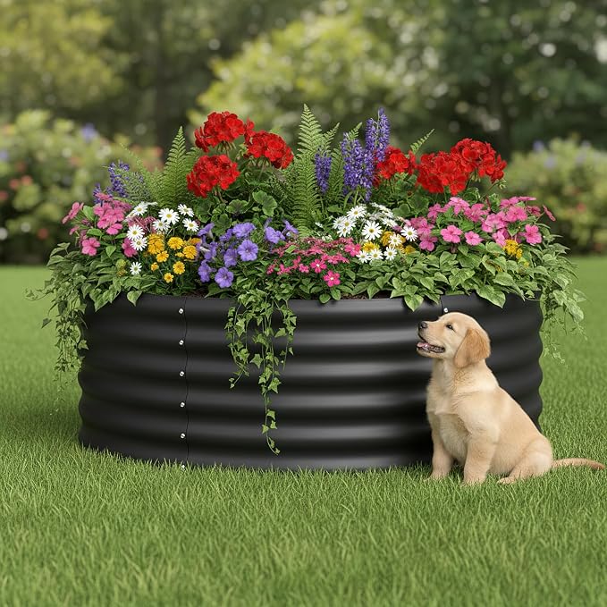 DDK Galvanized Raised Garden Bed, Round Outdoor Planter Bed, 4x4x1.5ft Metal Planter Box for Gardening and Planting,2Pack,BK