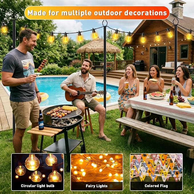 AHRLHR 8 Pack String Light Poles, Outdoor String Light Pole 10 ft Forked Metal Light Pole with Adjustable Outdoor Light Stand, Deck, Backyard, Garden, Wedding, Rustproof and Sturdy with Hooks.