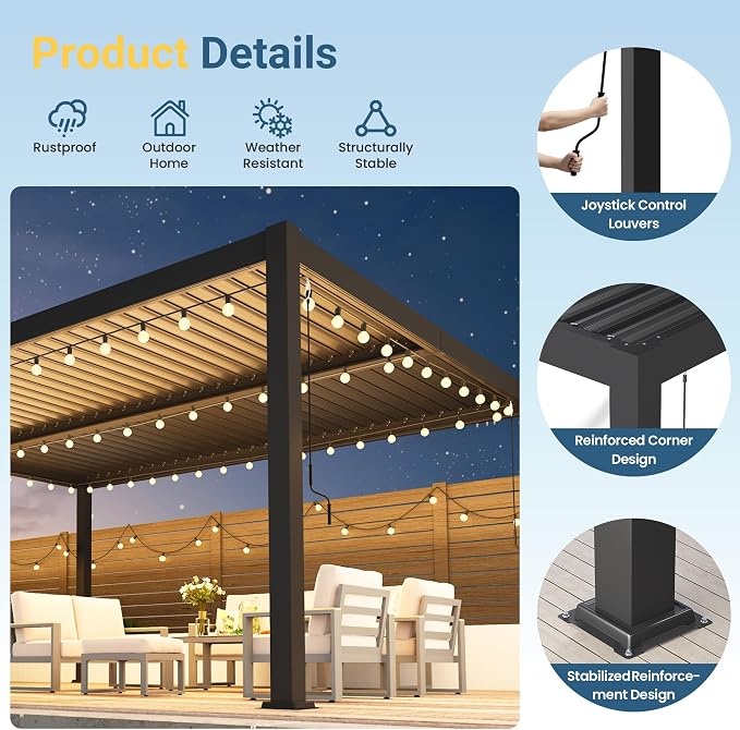 12' x 16' Louvered Pergola, Aluminum Frame Outdoor Pergola with Adjustable Louvered Roof & Integrated Gutter System, Hardtop Patio Gazebo for Backyard, Deck, Garden, Dark Gray