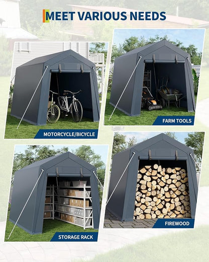 7 x 10 Ft Carport Portable Storage Shed Outdoor Tarp Sheds with Roll-Up Door, Bike Shed ATV Storage Tent for Motorcycle, Car, Garden Tools Grey