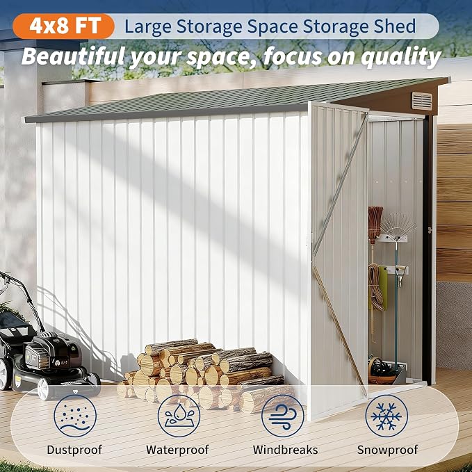 GarveeLife 4×8 ft Lean to Storage Shed, Heavy-Duty Outdoor Metal Storage Shed, Garden Tool Metal StorageHouse W/Lockable Door and 2 Air Vents