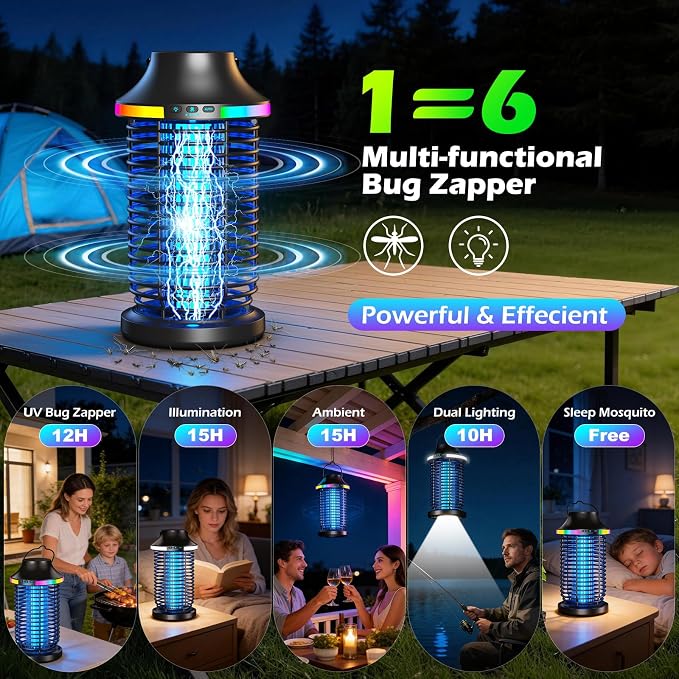 Rechargeable Bug Zapper Outdoor, 4200V Powerful Electric Mosquito Zapper 5-in-1 Portable & Wireless Bug Zapper Outdoor Cordless with 5000mAh Battery, Outdoor Waterproof Fly Zapper for Patio Camping