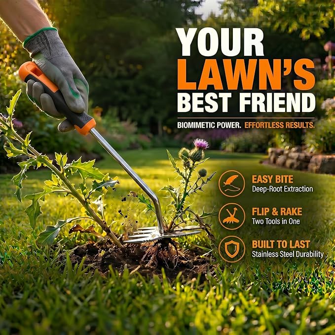 Weed Puller Tool, 2-in-1 Hand Weeder and Root Remover, Heavy Duty Stainless Steel Weeding Tool for Deep Roots, Ergonomic Garden Weed Pulling Tool for Lawn and Yard - Orange