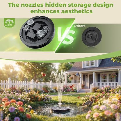 AISITIN 3.7W Solar Bird Bath Fountain Pump with Glass Panel, Upgraded 6.3" Solar Powered Water Pump for Outdoor, 4 Nozzles & Storage, Adjustable Bracket, for Pond, Garden, Aquarium, Hummingbird