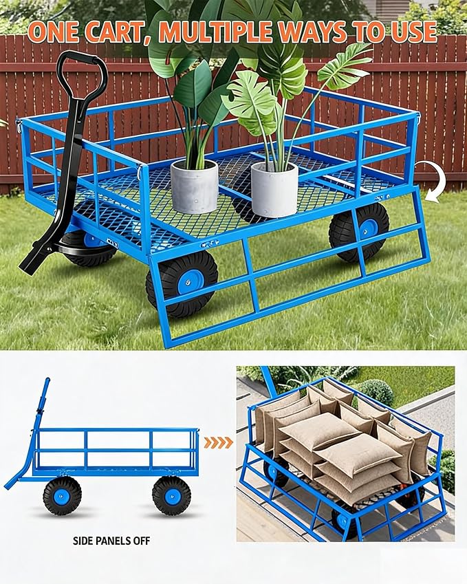 Garvee Steel Garden Cart, 1200 LBS Capacity Utility Outdoor Wagon, Heavy Duty Mesh Garden Wagon with Removable Sides, 2-in-1 Handle, 13" Tires for Yard, Lawn, Garden