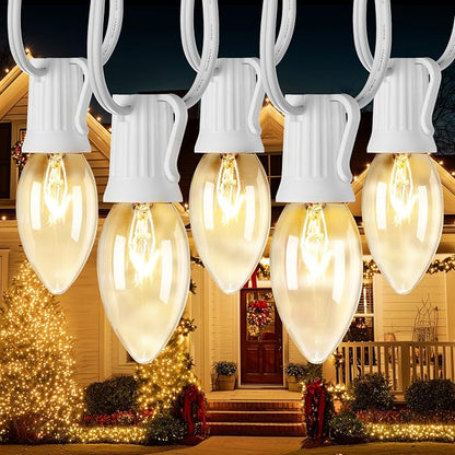 Minetom C9 Clear Christmas String Lights, 100FT Waterproof Christmas Lights | Outdoor String Lights with 100 E17 Bulbs for Patio Yard Roofline Garden Holiday Home Decor, White Wire, Not Connectable