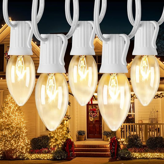 Minetom C9 Clear Christmas String Lights, 100FT Waterproof Christmas Lights | Outdoor String Lights with 100 E17 Bulbs for Patio Yard Roofline Garden Holiday Home Decor, White Wire, Not Connectable