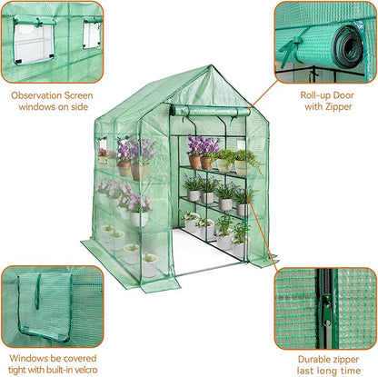 Walk in Greenhouse with Shelves,Plastic Growhouse Frame for Garden,12 Tiers Green House with Reinforced PE Cover and 4 Windows,56" L x 56" W x 77" H,for Indoor Outdoor Seeding and Plant Growing