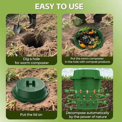2-Pack Inground Worm Composter, 8L Outdoor Worm Farm, Worm Compost Bin for Garden Beds & Home Use, Vermicomposting Bin for Recycling Food Waste (9.5x9.5x10.8Inch), Green