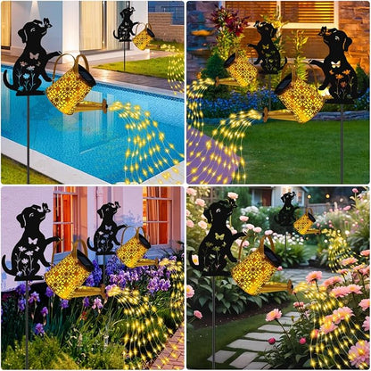 Solar Lights Outdoor Decorative, Watering Can with Cascading Lights, with Dog Silhouette Garden Stakes, Waterproof Metal Garden Decor Mom Christmas Gifts 2 Pack