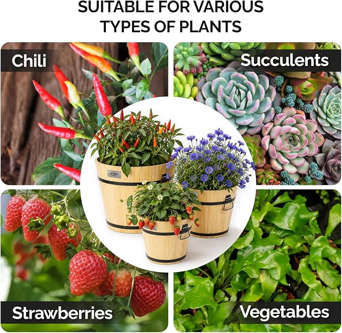 VINGLI 3 PCS Large Wooden Planter Barrel Set, 11.5"(Dia)- 18"(Dia), Real Wood Flower Pot with Drainage Holes, Different Sizes, Large Garden Container Box, Indoor & Outdoor (Honey)