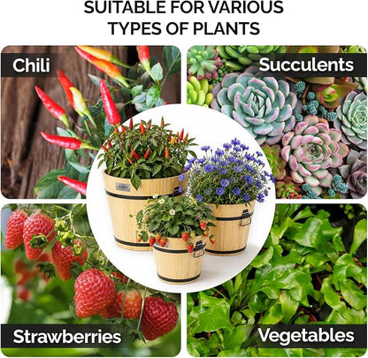 VINGLI 3 PCS Large Wooden Planter Barrel Set, 11.5"(Dia)- 18"(Dia), Real Wood Flower Pot with Drainage Holes, Different Sizes, Large Garden Container Box, Indoor & Outdoor (Honey)