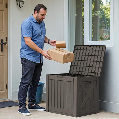 Greesum 40 Gallon Outdoor Package Delivery Box with Lock, Waterproof Secure Parcel Drop Box for Porch, Double-Wall Resin Storage, Brown