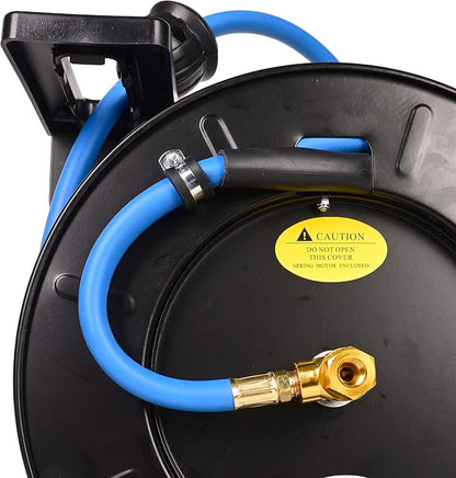 Eisen Retractable Air Hose Reel With 3/8 Inch x 50 Ft,Heavy Duty Steel Hose Reel Auto Rewind Pneumatic, Industrial Grade Rubber Hose, 300 PSI