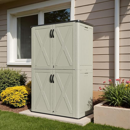 Devoko 50 Cu Ft Plastic Outdoor Storage Cabinet, Beige | Vertical Resin Storage Shed with Lockable Door, Waterproof Shed for Patio Furniture Pool Toy, Garden Tool, Shelf Not Included