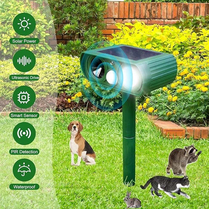 Solar Ultrasonic Animal Repeller, 2025 Cat Repellent Outdoor,Waterproof Deer Repellent for Raccoon,Dog,Fox, Deer, Skunk,Squirrel, Rabbit with LED Flashing and Motion Outdoor Farm,Sound Green M1