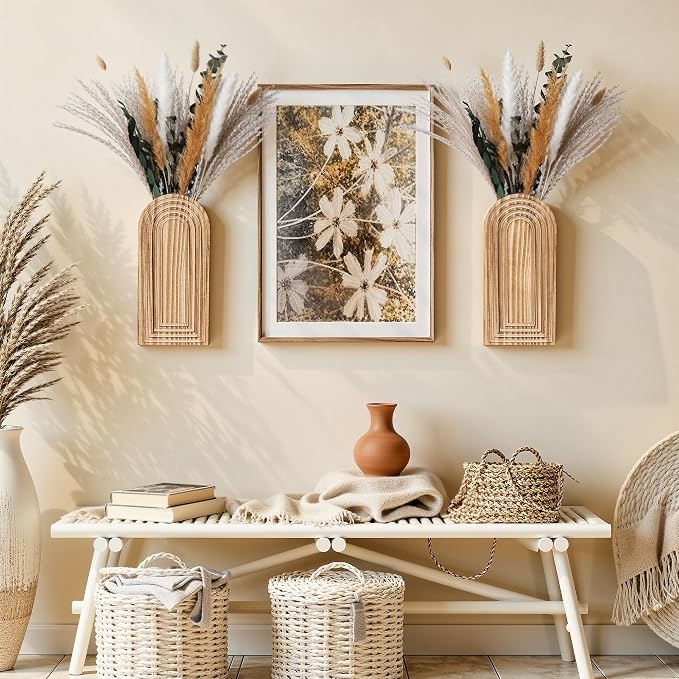 DREAMLOOM 2 Pack Wooden Wall Vases with Dried Pampas Grass and Eucalyptus Plants, Wall Hanging Planters Boho Modern Farmhouse Indoor for Narrow Spaces Entryway Bathroom Home Office Decoration, Retro