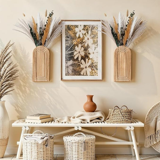 DREAMLOOM 2 Pack Wooden Wall Vases with Dried Pampas Grass and Eucalyptus Plants, Wall Hanging Planters Boho Modern Farmhouse Indoor for Narrow Spaces Entryway Bathroom Home Office Decoration, Brown