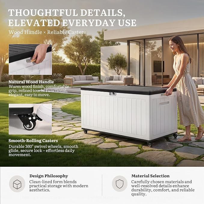 YITAHOME 90 Gallon Outdoor Storage Box with 6 Swivel Wheels & Dual Wooden | Large Double-Wall Resin Deck Box, Lockable Waterproof Patio Organizer for Furniture, Cushions, White & Black