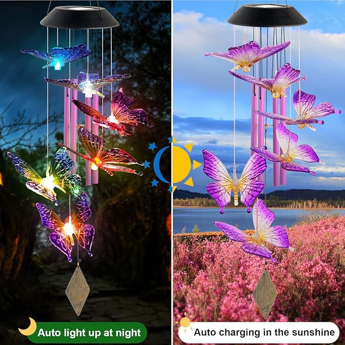 Purple Butterfly Wind Chimes Outdoor, Butterfly Garden,Glow in The Dark Garden Decor with Iron Metal Pendant Patio Hanging Ornaments for Yard Tree Outside, Unique Nature Gifts for Women Mom