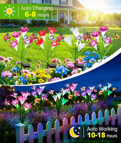 KOOPER Solar Lights Outdoor Garden Decor 8 Pack, 32 Lily Flowers and 24 Swaying Butterflies, IP65 Waterproof 7 Color Changing Solar Flower Lights for Yard Patio Pathway, Gifts for Mom Women Grandma