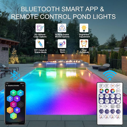 RGB Underwater Pond Lights, Super Bright LED Submersible Fountain Lights Colored Landscape Spotlights, Bluetooth APP Control IP68 Waterproof for Fish Aquarium Tank Yard Garden Pool (Set of 8)