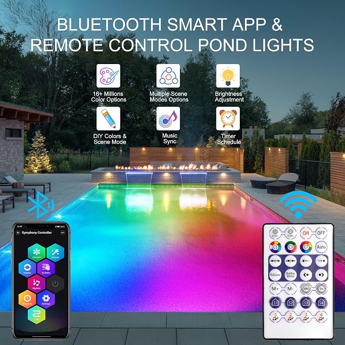 RGB Underwater Pond Lights, Super Bright 18 LED Submersible Fountain Lights Color Changing Spotlights, Bluetooth APP Control IP68 Waterproof for Fish Aquarium Tank Garden Yard Pool(Set of 8)