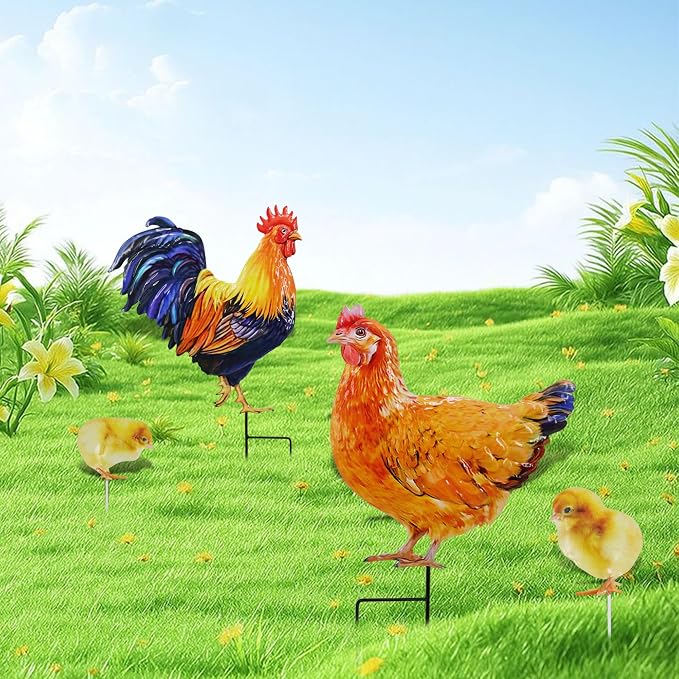 4 Pack Chicken Metal Decorative Garden Stakes Chicken Gifts for Women/Men Chicken Lovers Gifts Silhouette Statues for Yard Art, Outside, Patio, Outdoor Decor, Garden Decorations, Lawn Ornaments
