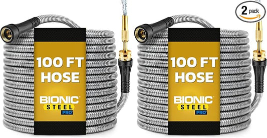 Bionic Steel PRO 100Ft GardenHose with Nozzle,Premium 304 Stainless Steel Metal WaterHose 100Ft Flexible-Hose,Rust Proof,Lightweight,Heavy Duty,Crush Resistant Fitting,500 PSI,2025 Model,(Pack of 2)