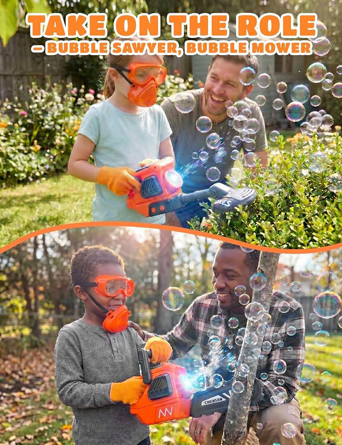 3-in-1 Bubble Lawn Mower for Kids, Electric Bubble Blower with 10 Bubble Solution, Includes Goggles Mask Gloves Ruler, Summer Bubble Toy for Kids
