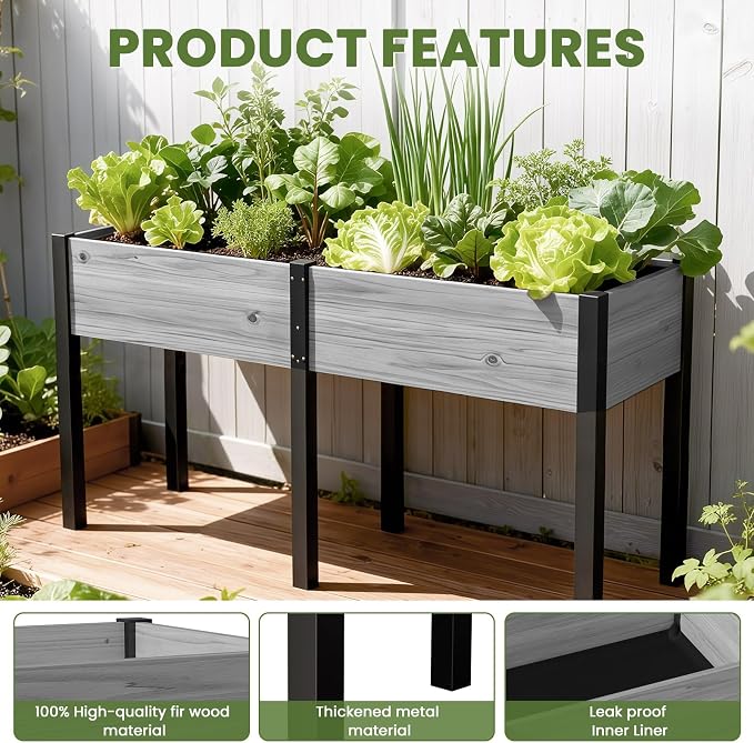 SUNYRISY Dual Wooden Raised Garden Bed Outdoor with Metal Legs for Gardening, 71" L x 23.6" W x 31.5" Elevated Planter Garden Box Raised Bed for Vegetable Flower Herb, Gray